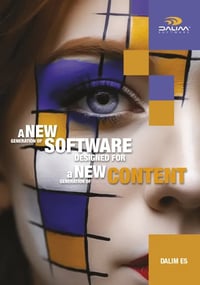 Cover of the DALIM ES brochure featuring a close-up of a face with artistic paint, highlighting the text 'A new generation of software designed for a new generation of content.'