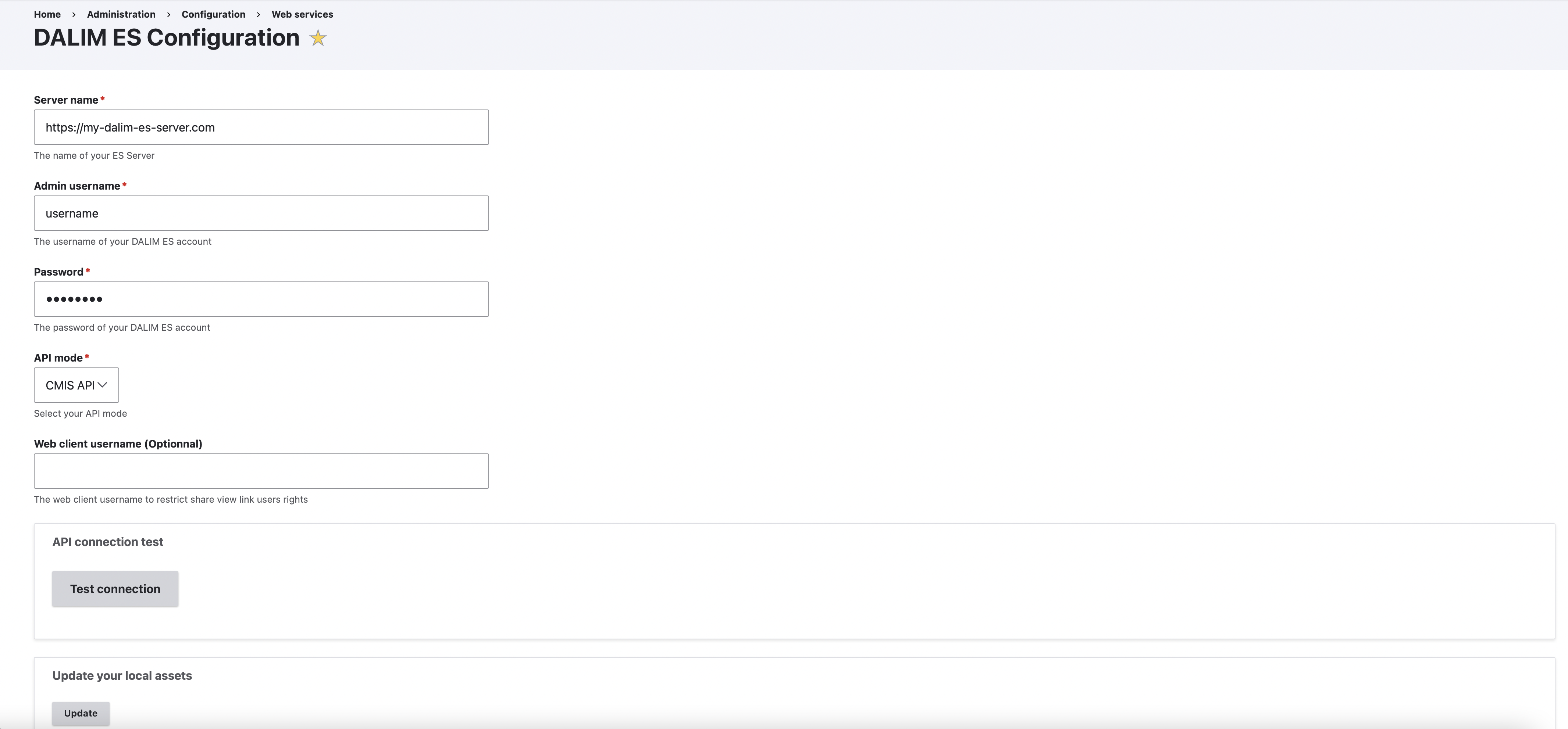 DALIM ES CMS Connector configuration screen